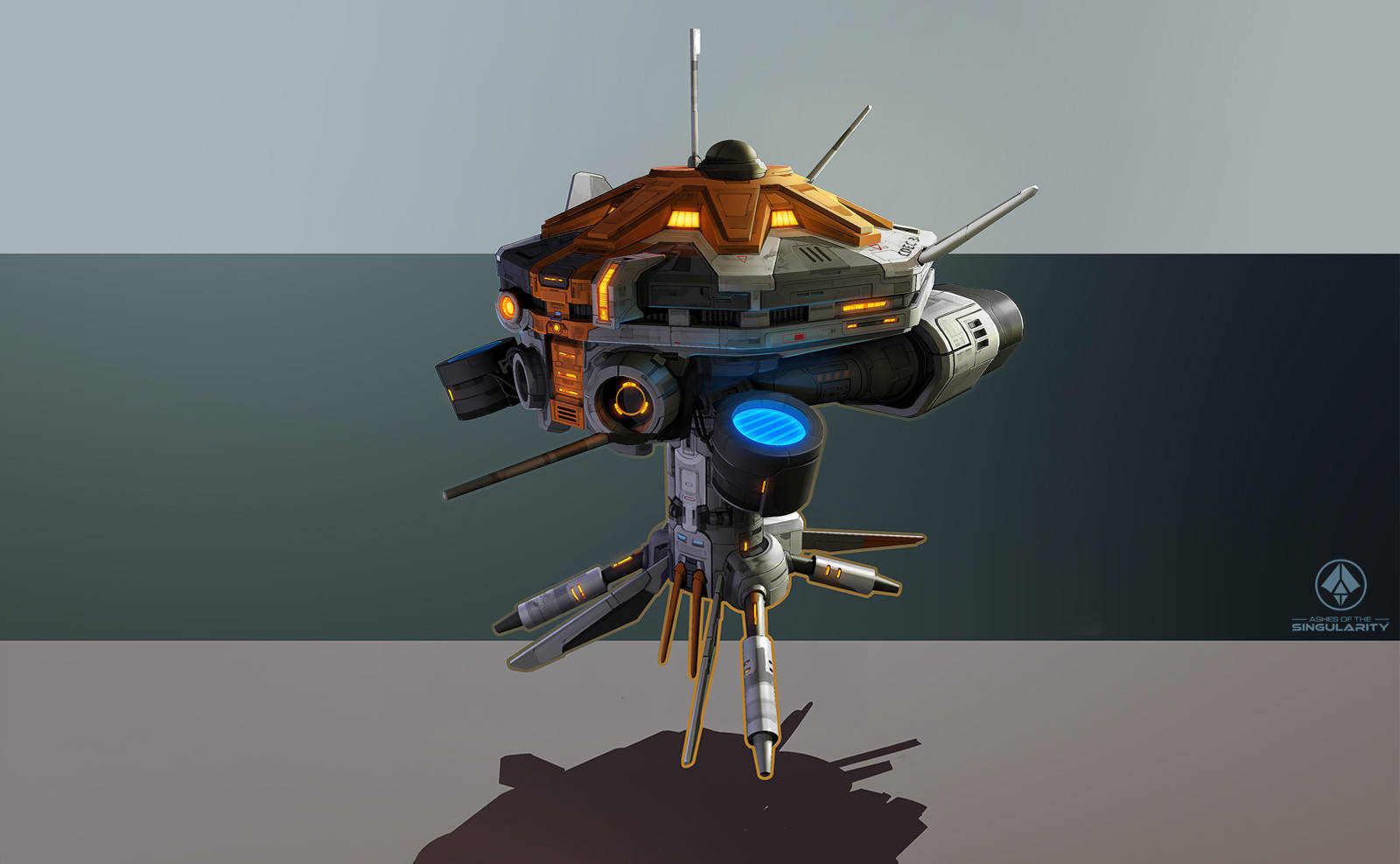 《奇異點灰燼：升級版》 Pan 空中偵察機 壁紙 — 一個未來科幻機甲，帶有發光的藍色和橙色燈光，站在漸變灰色背景前。