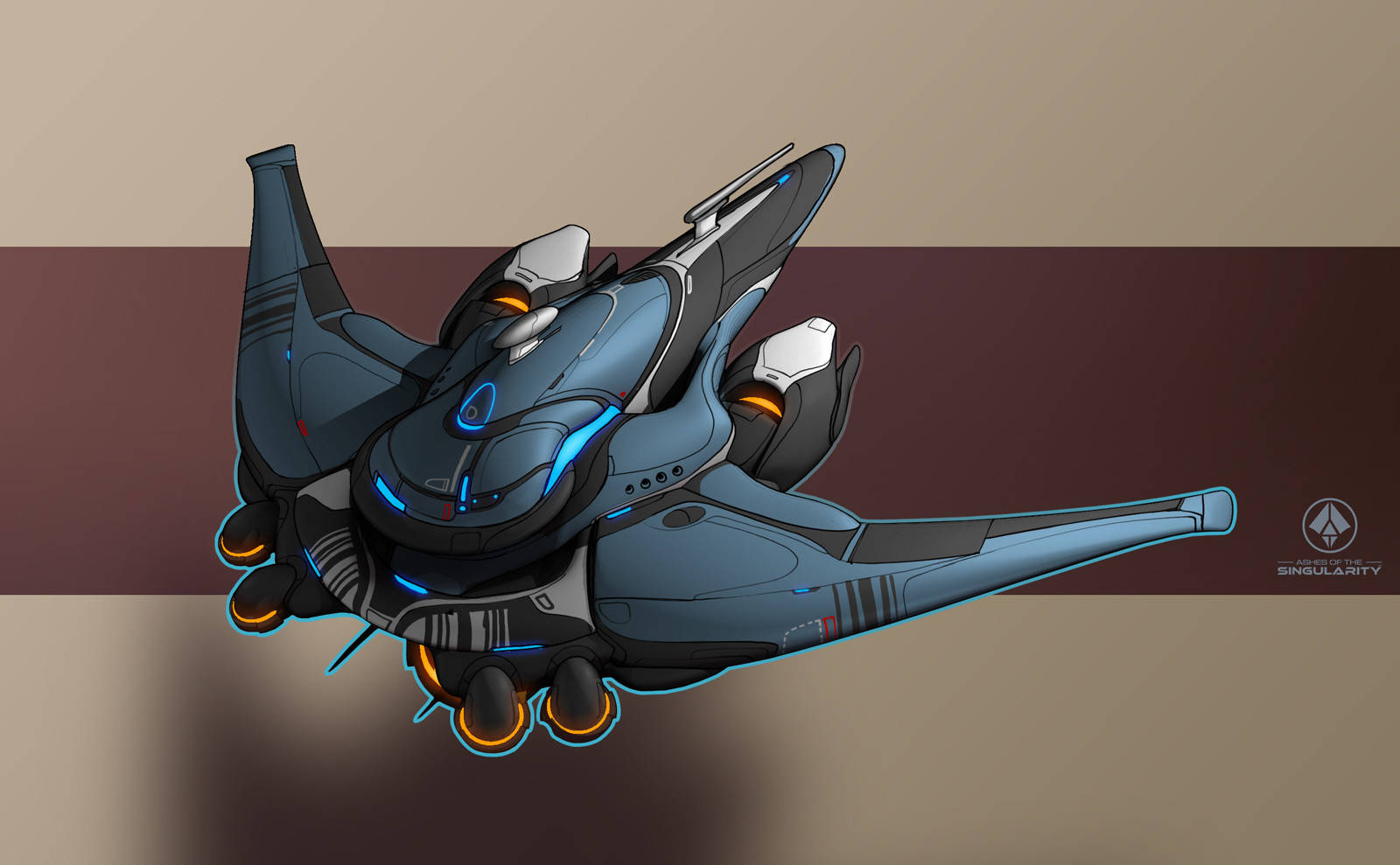 《奇異點灰燼：升級版》 Sparrow 單位概念圖 壁紙 — 一艘時尚的未來派太空船，帶有發光的藍色和橙色點綴，懸浮在極簡的米色和栗色背景上。