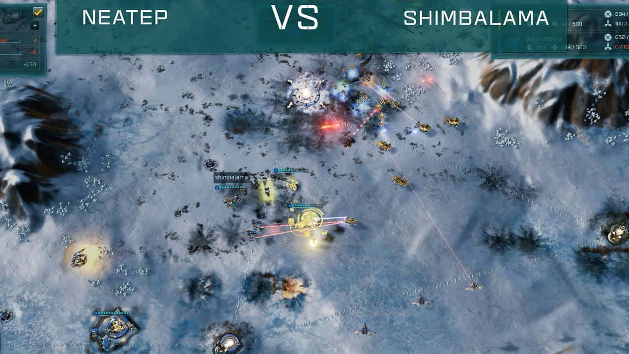 策略遊戲中白雪覆蓋的戰場，帶有發光單位和爆炸效果。