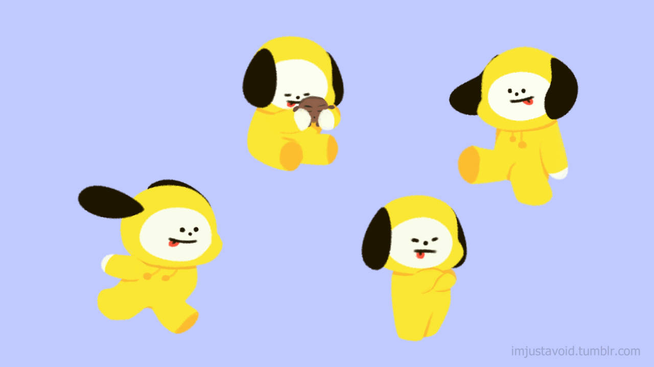 奇米 BT21 展現活力笑容 壁紙 — 四隻黃色卡通小狗，黑色耳朵，在柔和的薰衣草背景上頑皮地漂浮。