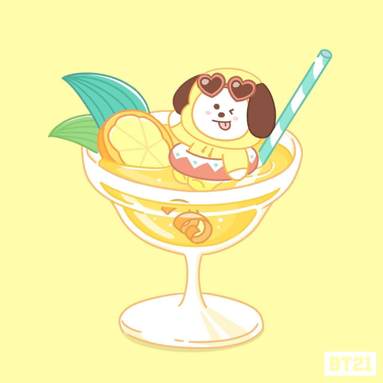 奇米 BT21 浮在冰茶杯上 壁紙 — 一隻可愛的卡通狗戴著心形太陽眼鏡，快樂地漂浮在裝有檸檬和薄荷的瑪格麗特杯中。