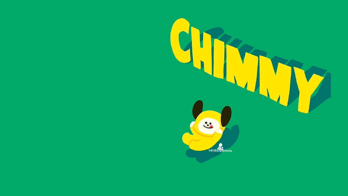 奇米 Bt21 綠色背景 壁紙 — 一個快樂的黃色卡通角色，有黑色耳朵，坐在粗體黃色3D文字CHIMMY下方，背景為純綠色。