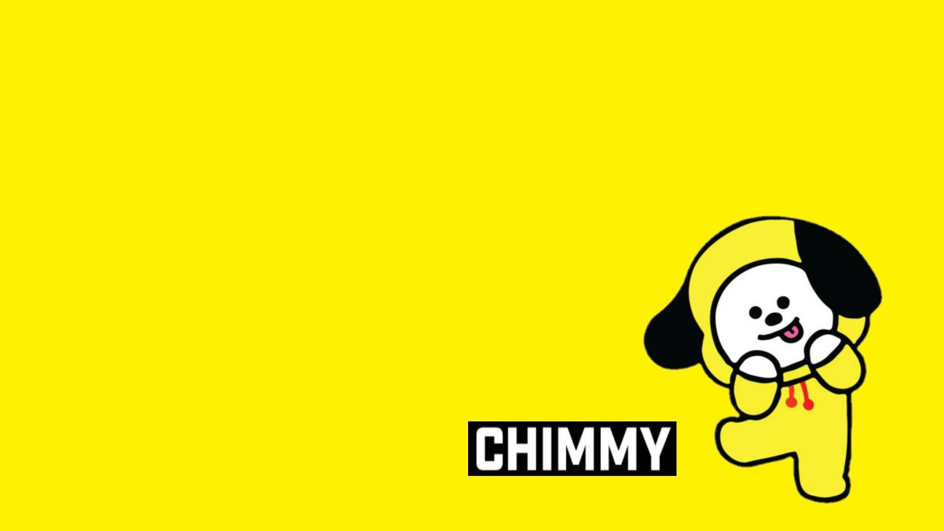 奇米 BT21 角色以黃色為背景 壁紙 — 一隻名叫 Chimmy 的快樂卡通狗角色，穿著黃色衣服，在純黃色背景上微笑揮手。