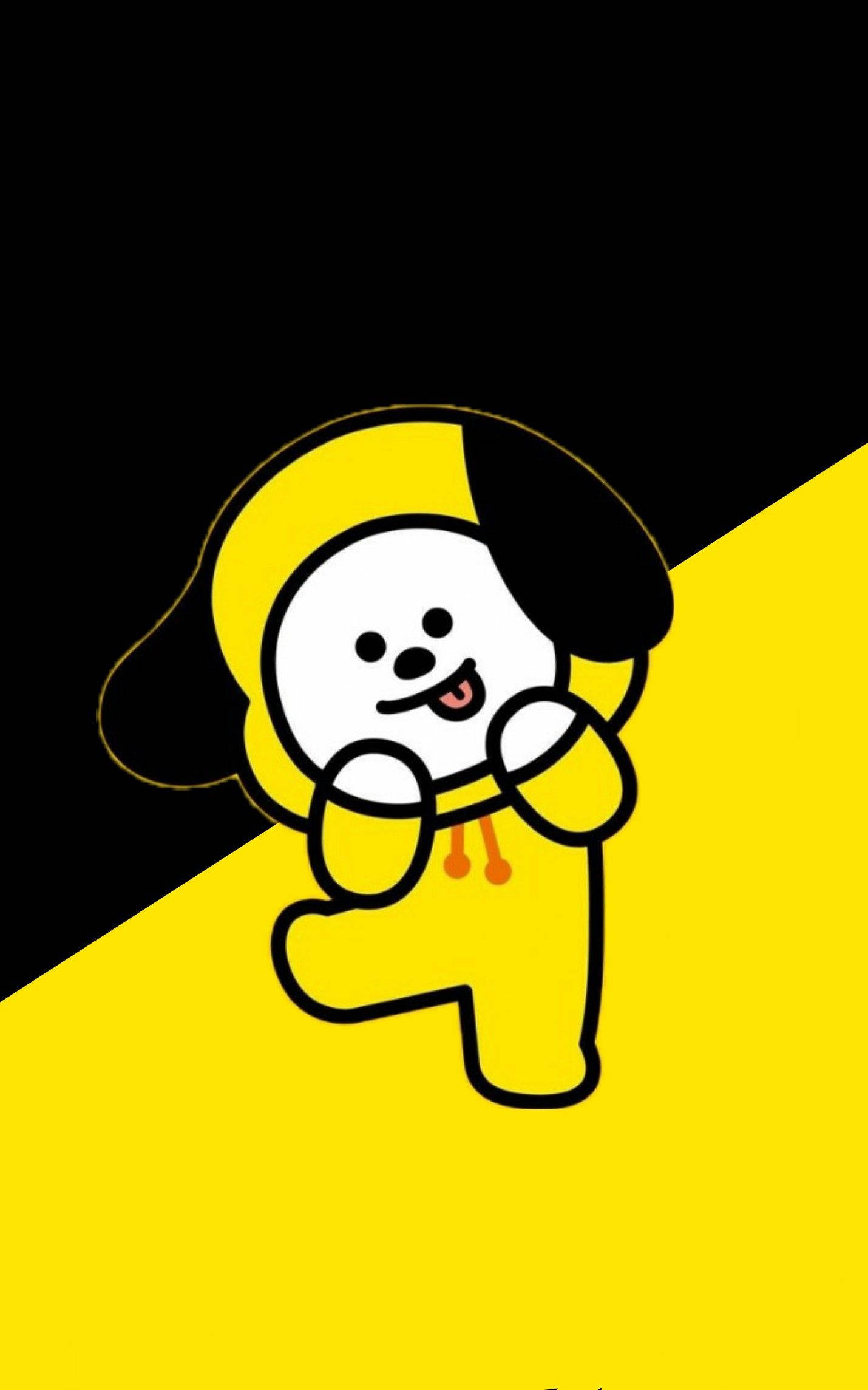 奇米 Bt21 黑黃配色 壁紙 — 一隻穿著黃色連帽衫的快樂卡通狗在醒目的黑色和黃色對角線分割背景上微笑跳舞。