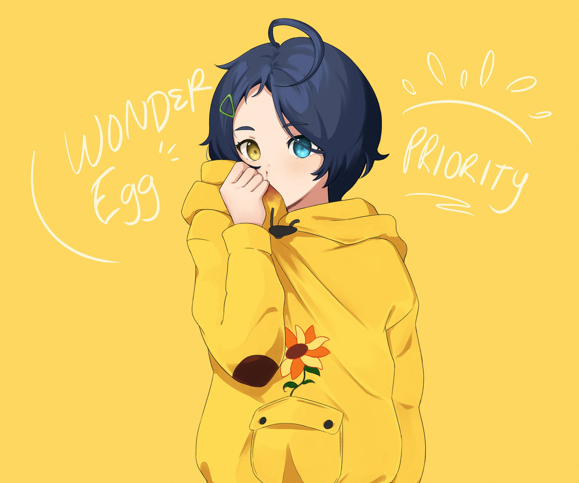 穿著黃色連帽衫、帶有向日葵補丁的動漫女孩，用文字 wonder egg 和 priority 遮住臉。