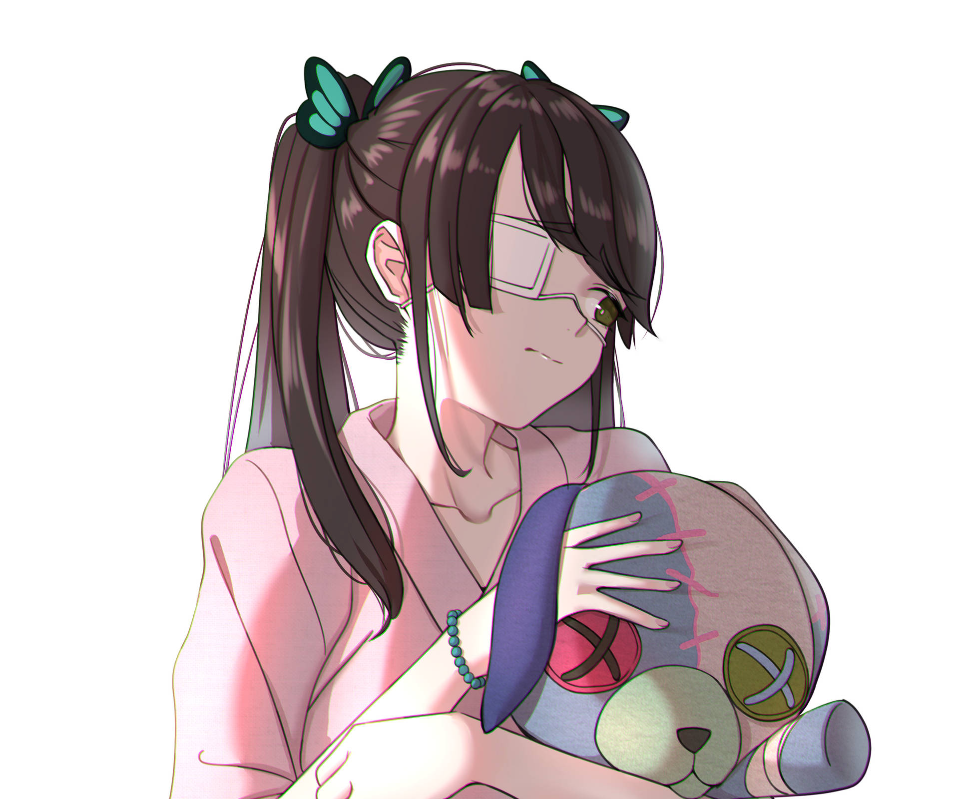穿著粉紅色睡袍的動漫女孩，溫柔地抱著一隻縫補過的泰迪熊。