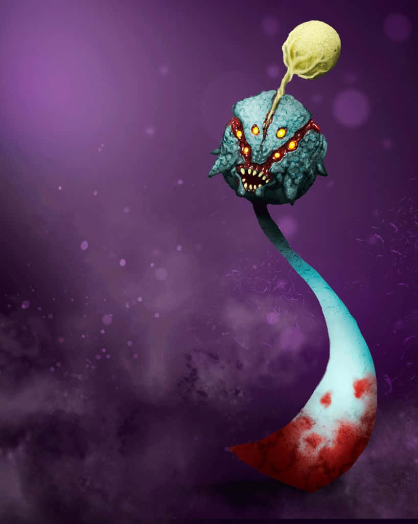 一個帶有發光眼睛的威脅性外星生物，在宇宙紫色背景下滴下黃色物質。