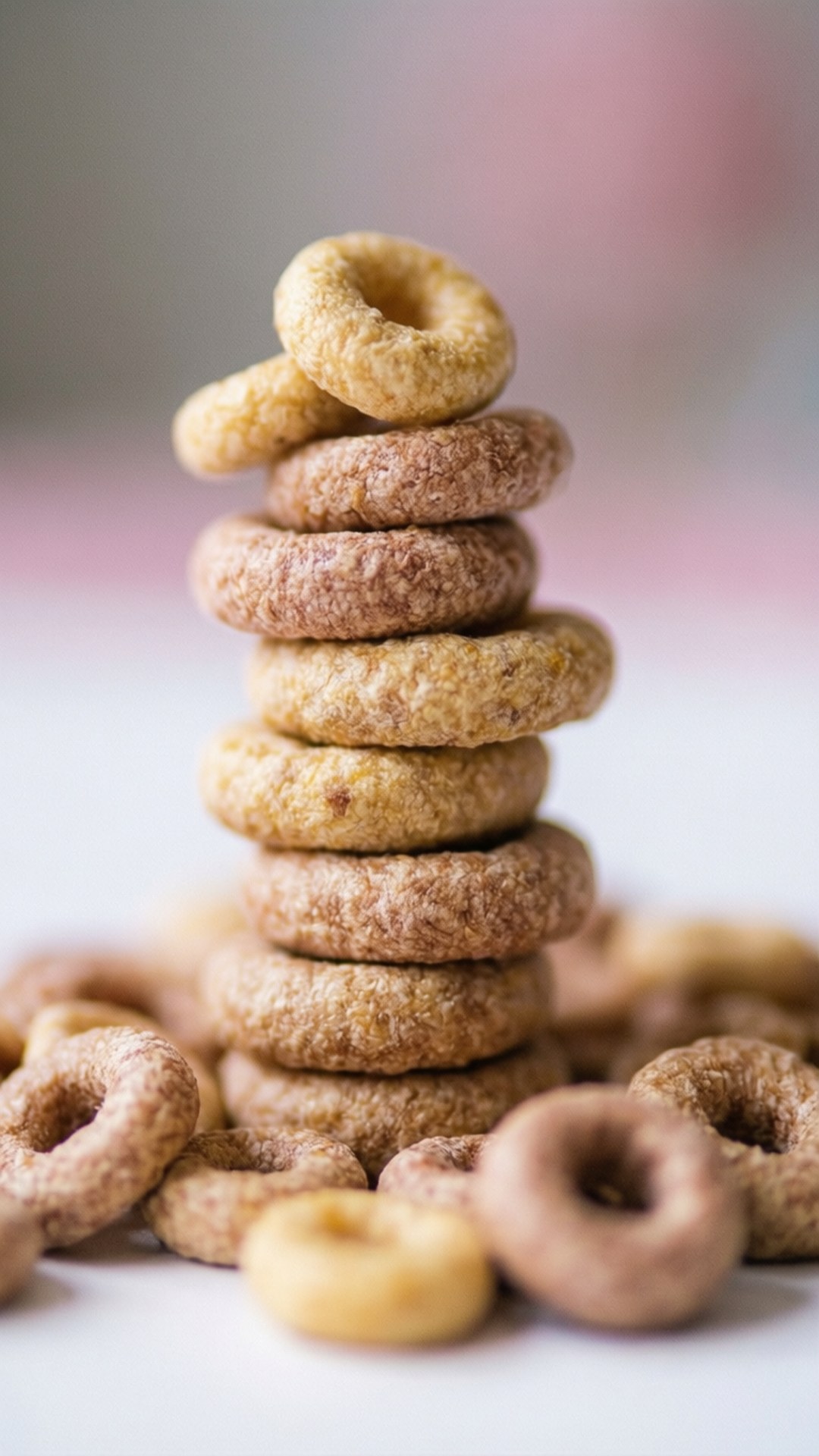 奇趣 Cheerios 塔 壁紙 — 一堆高高搖搖欲墜的金棕色穀物圈，周圍散落著一些圈圈，放在白色表面上。