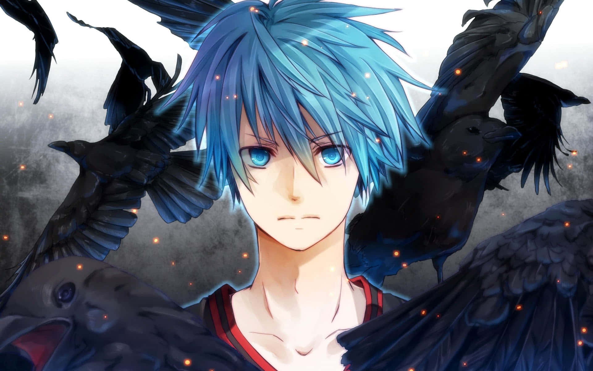 奇蹟世代——《黑子的籃球》 壁紙 — 一個藍髮動漫男孩，眼神銳利，被黑烏鴉包圍，背景是煙霧灰，帶有發光的橙色火花。
