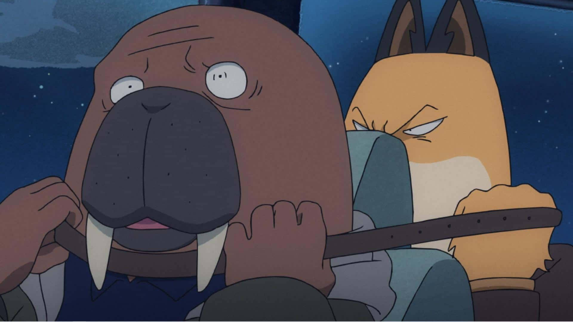 《奇車出租》中Fuyuki勒住Hiroshi 壁紙 — 兩個動畫動物角色夜晚坐在車裏，一隻海象看起來很驚訝，另一隻狐狸憤怒地瞪着。