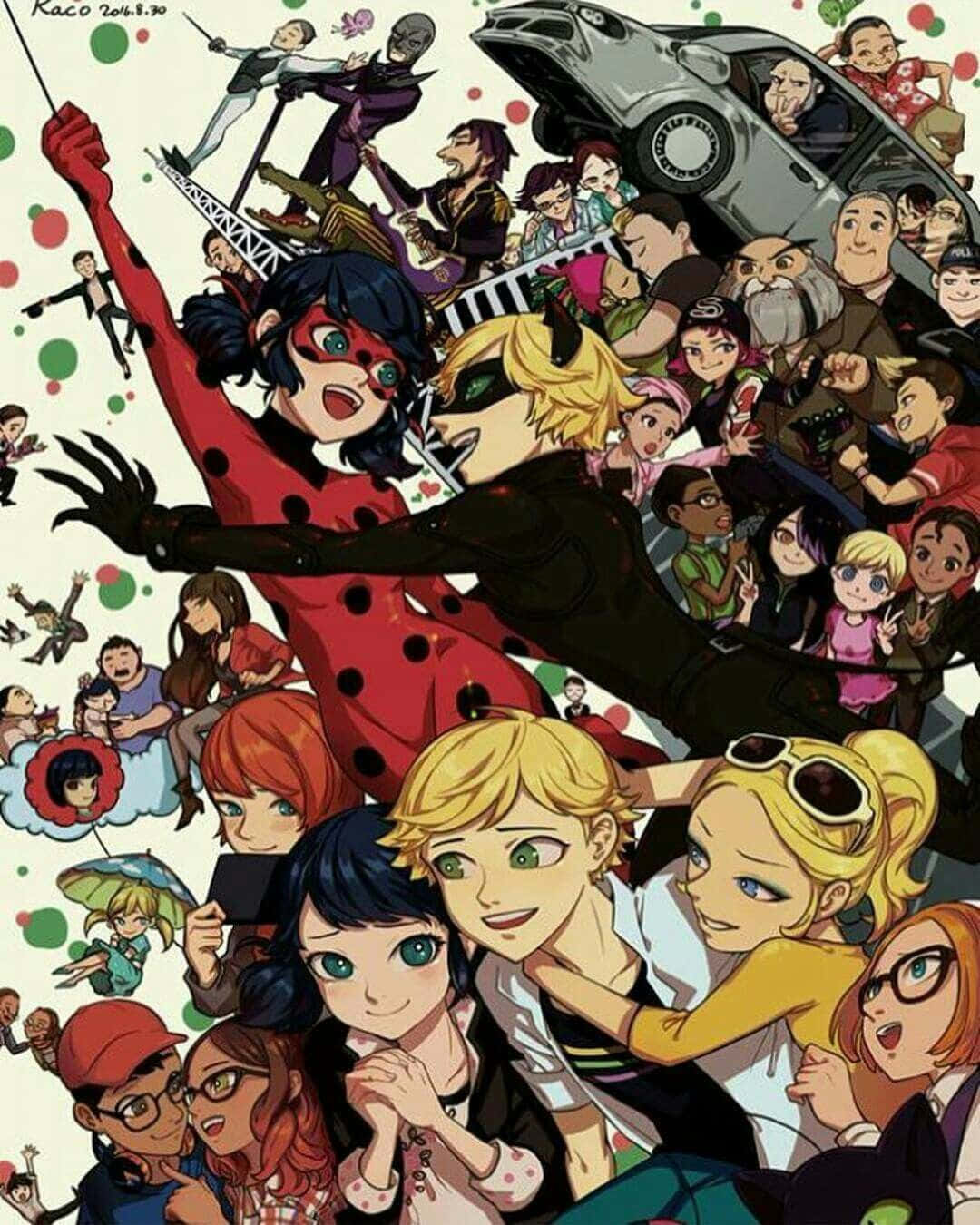 來自 Ladybug 和 Cat Noir 的動漫角色在一個擁擠、充滿動作的場景中。