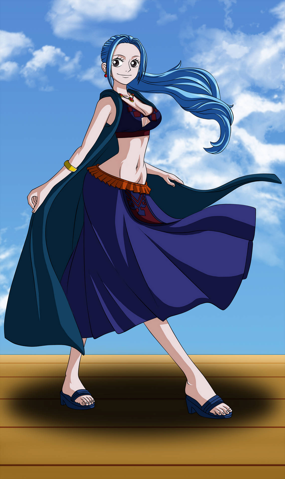 藍髮動漫女性穿著飄逸服裝站在木甲板上，藍天白雲。