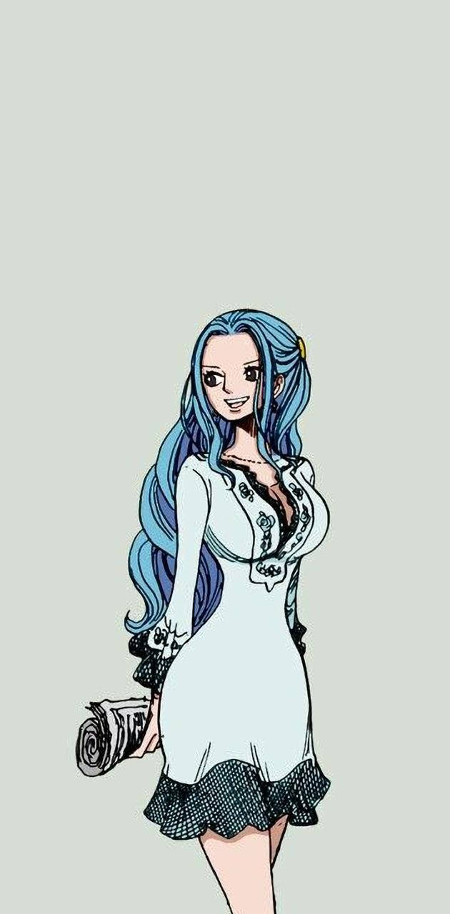 藍髮動畫女孩穿白裙手持捲軸