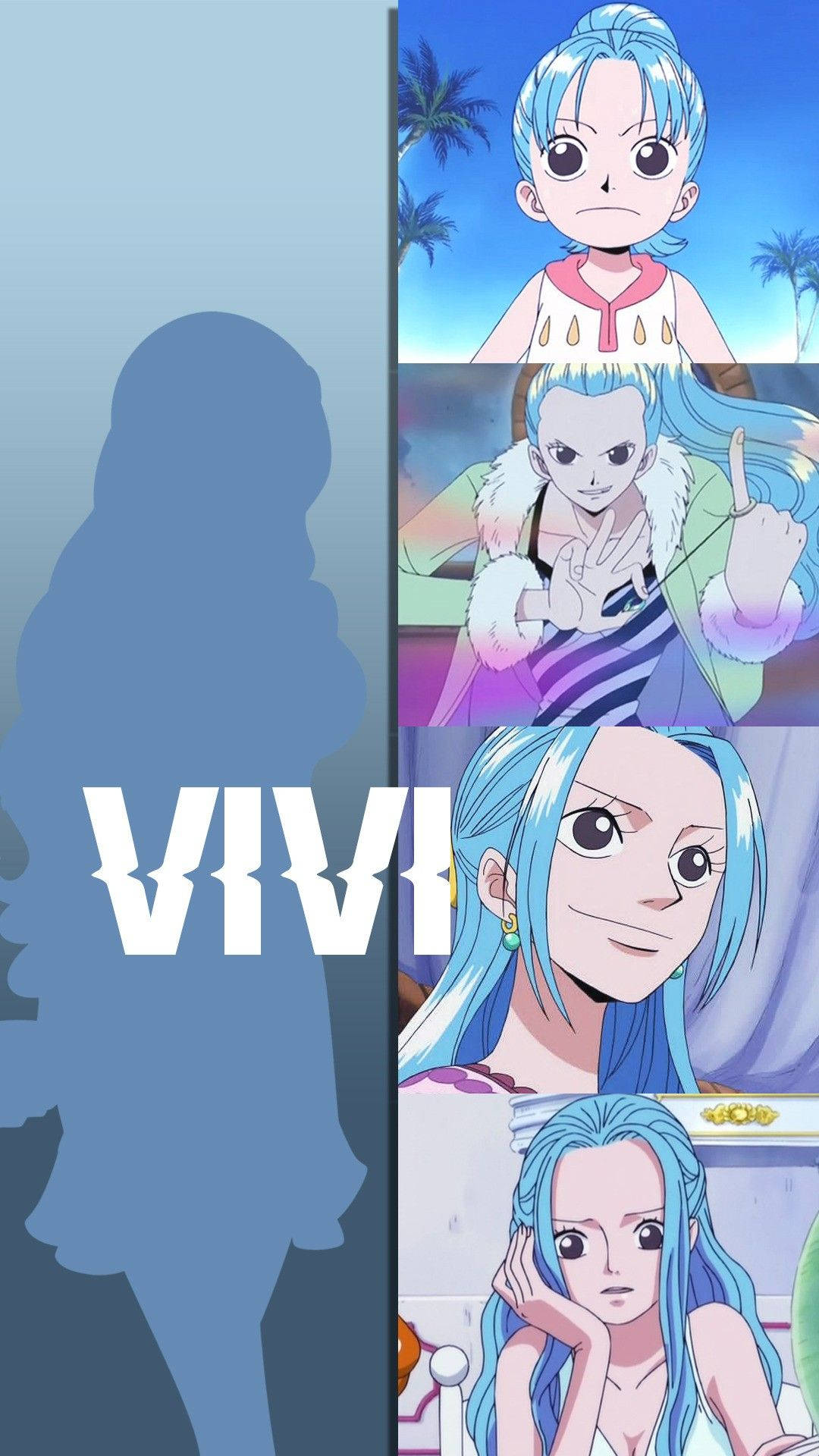 動漫角色 Vivi 以四種不同姿勢呈現，背景為藍色，並帶有她的剪影和名字。