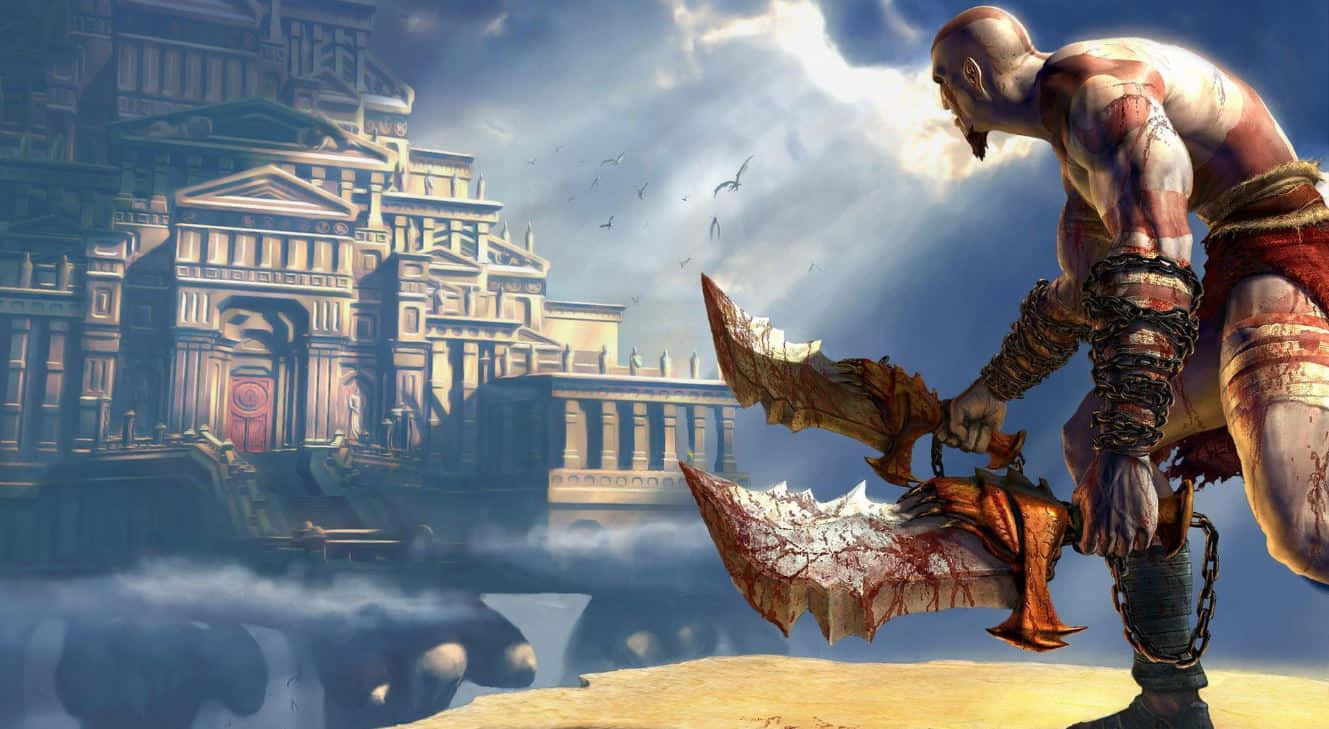 God Of War 桌布 壁紙 — 奎托斯站在懸崖邊，在暴風雨的天空下，以古希臘遺跡為背景揮舞著他血淋淋的刀刃。