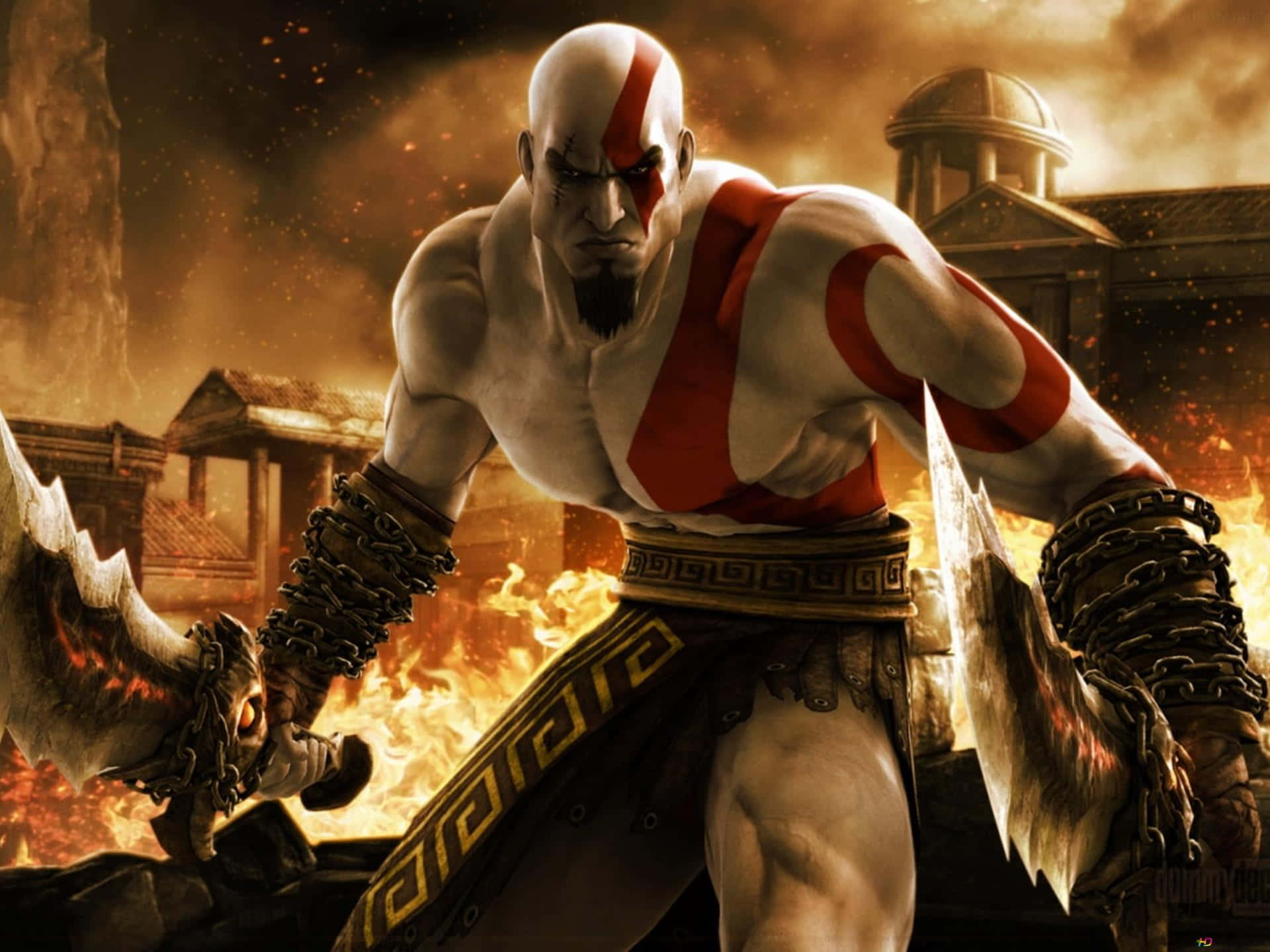 God of War 戰士在燃燒的戰場場景中，背景有古代遺跡。