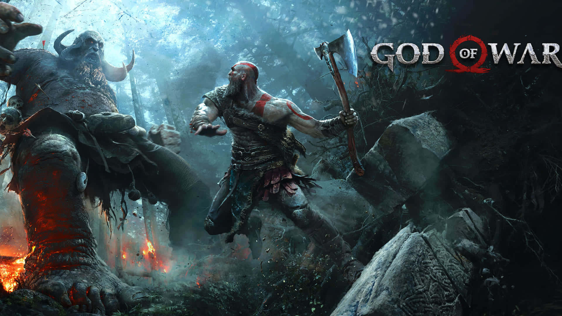 Kratos 在黑暗森林中與巨人戰鬥，伴隨著火焰和破碎的石頭。