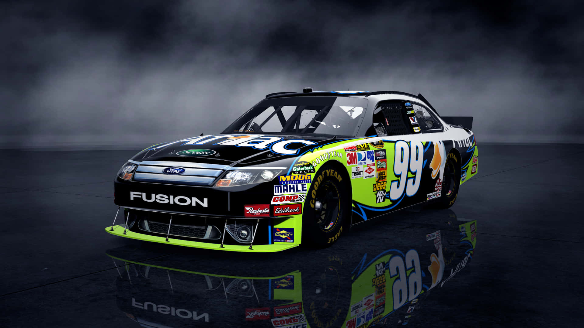 黑色和螢光綠色的NASCAR賽車（號碼99）在黑暗的攝影棚中，有煙霧和反射。