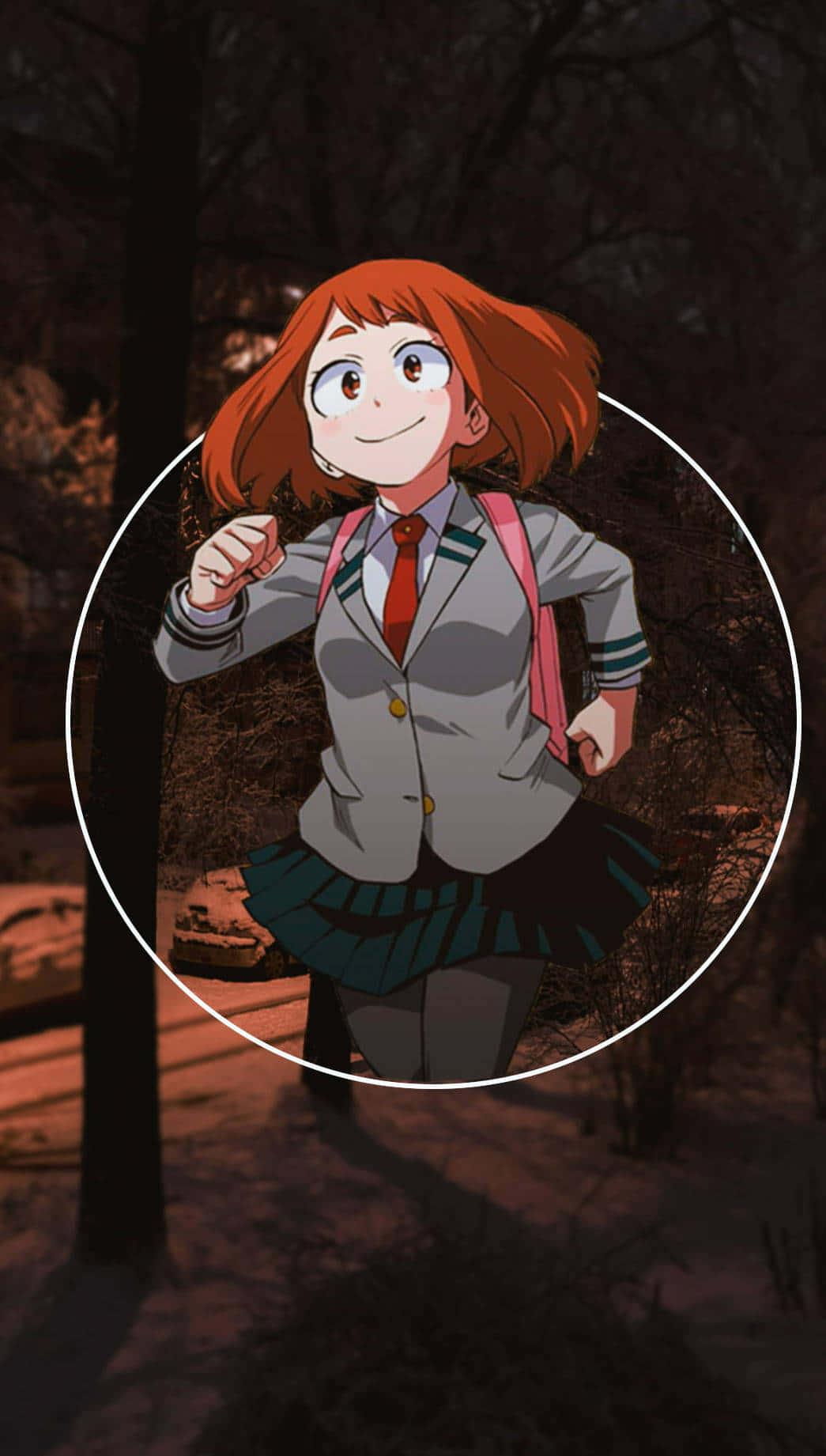 穿著校服的動畫女孩在雪地森林中奔跑。