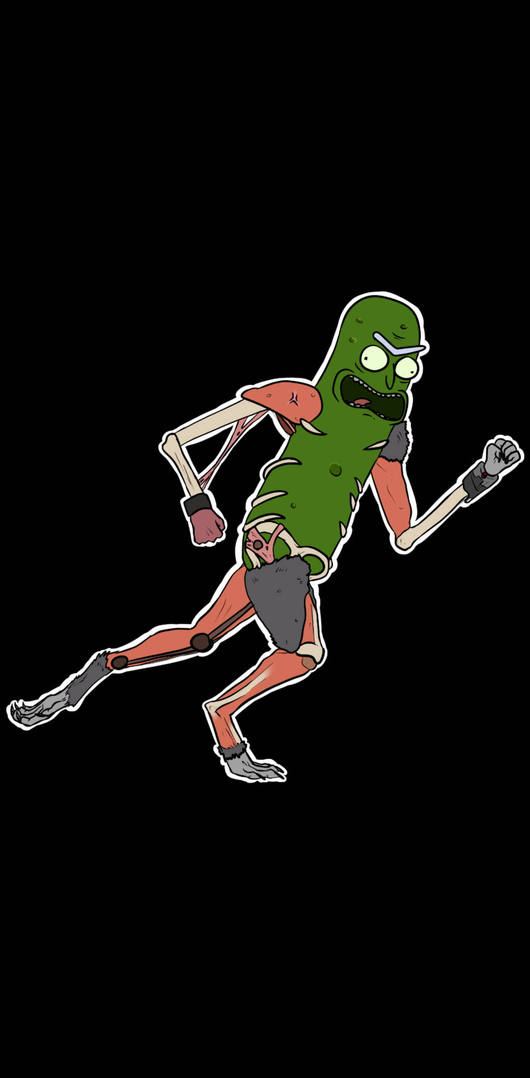 奔跑的Pickle Rick 壁紙 — 一個卡通酸黃瓜角色，露出肌肉和機械肢體，在黑色背景上動態奔跑。