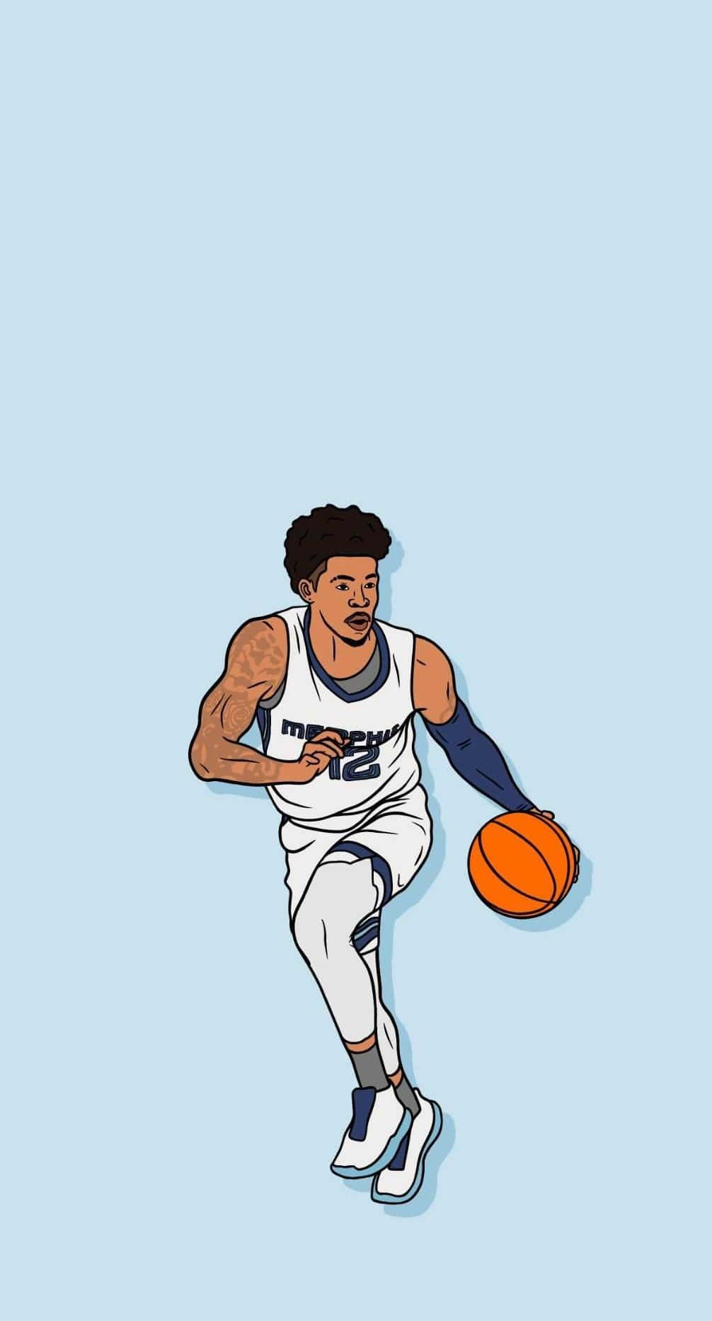 奔跑的卡通 NBA 球員 壁紙 — 一個風格化的籃球運動員穿著孟菲斯球衣，在純淺藍色背景上運著一個橙色籃球。