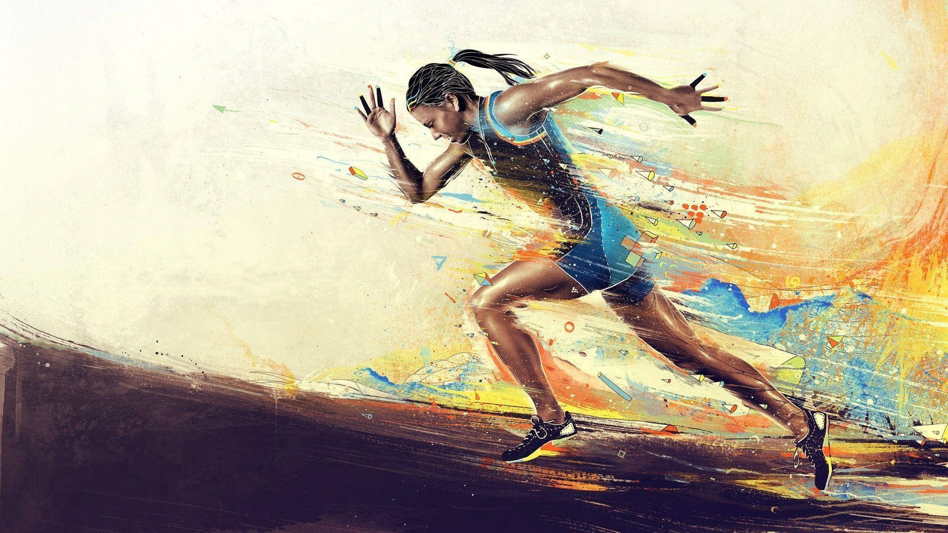 奔跑的女性運動員藝術 壁紙 — 一幅動態的數位插圖，描繪一位女性跑者在運動中，身後拖曳著色彩繽紛的抽象線條。