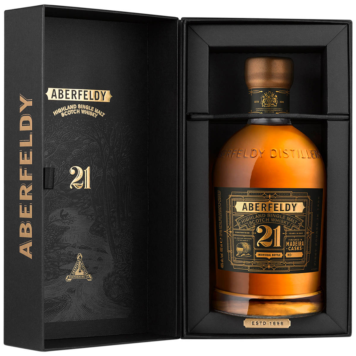 Aberfeldy 21年威士忌酒瓶，裝在帶有金色點綴的黑色豪華禮盒中。