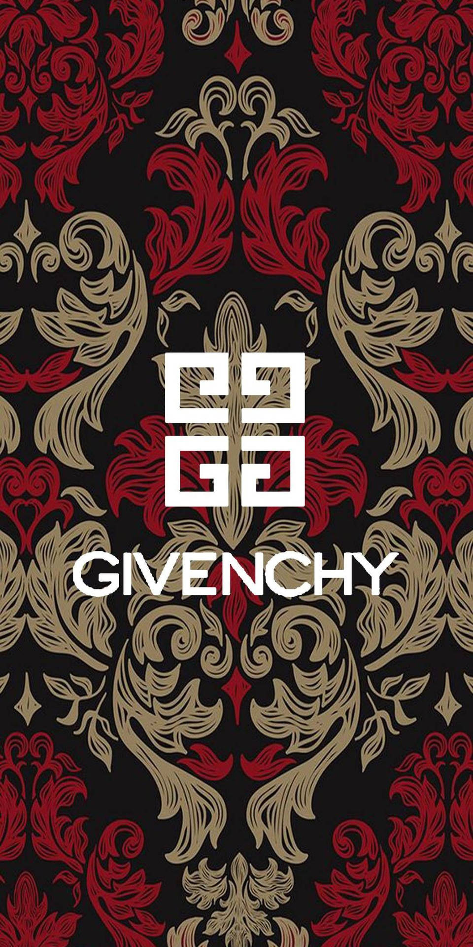 Givenchy標誌在紅金黑錦緞壁紙圖案上