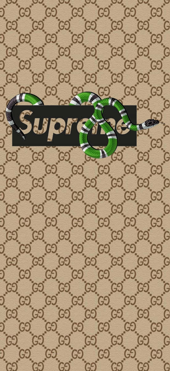 綠色和白色的蛇纏繞在黑色Supreme標誌上，背景是Gucci字母組合圖案。