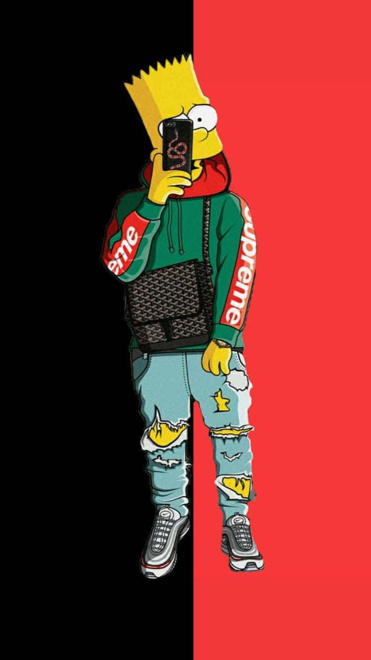 巴特·辛普森穿著Supreme連帽衫和破洞牛仔褲，在黑紅背景前自拍。