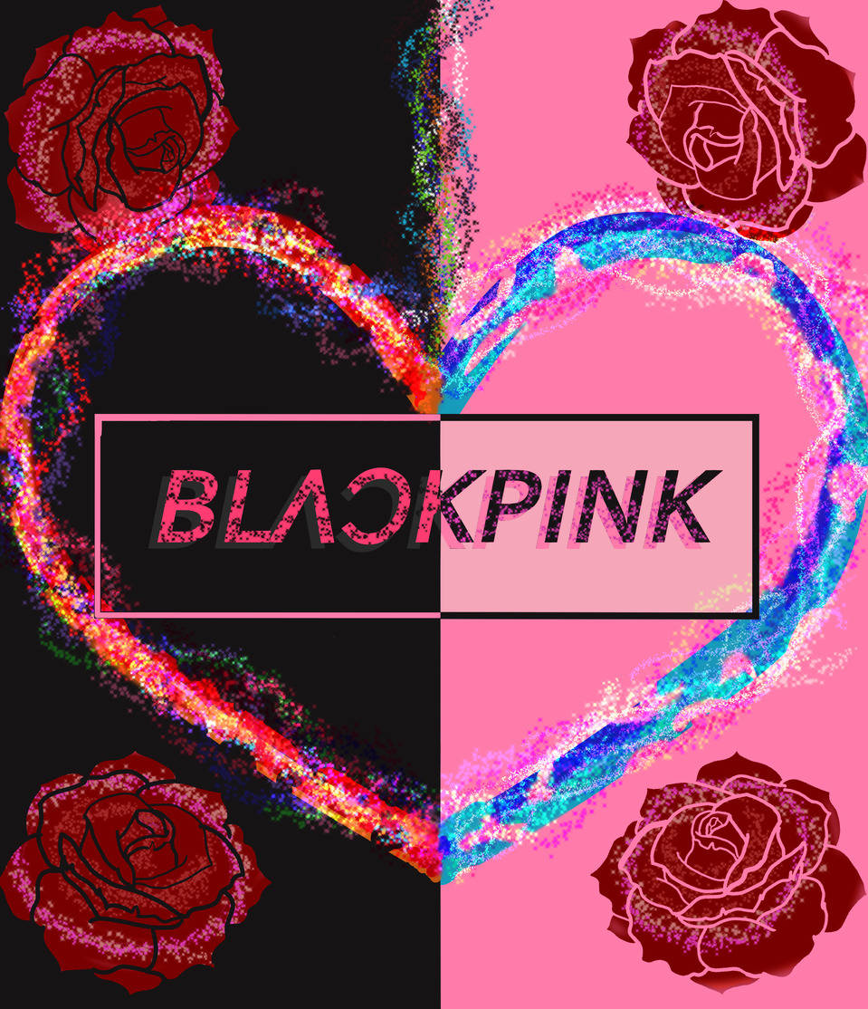 一個色彩繽紛的心形圖案，帶有玫瑰和 BLACKPINK 文字，分為黑色和粉紅色兩半。