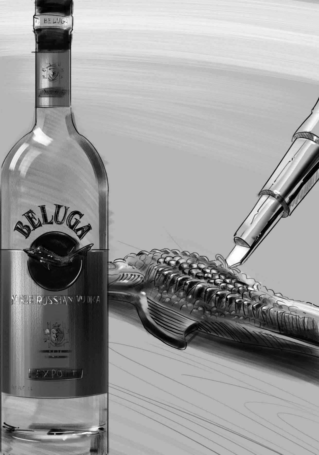 一瓶Beluga伏特加酒旁邊有用筆素描的魚。