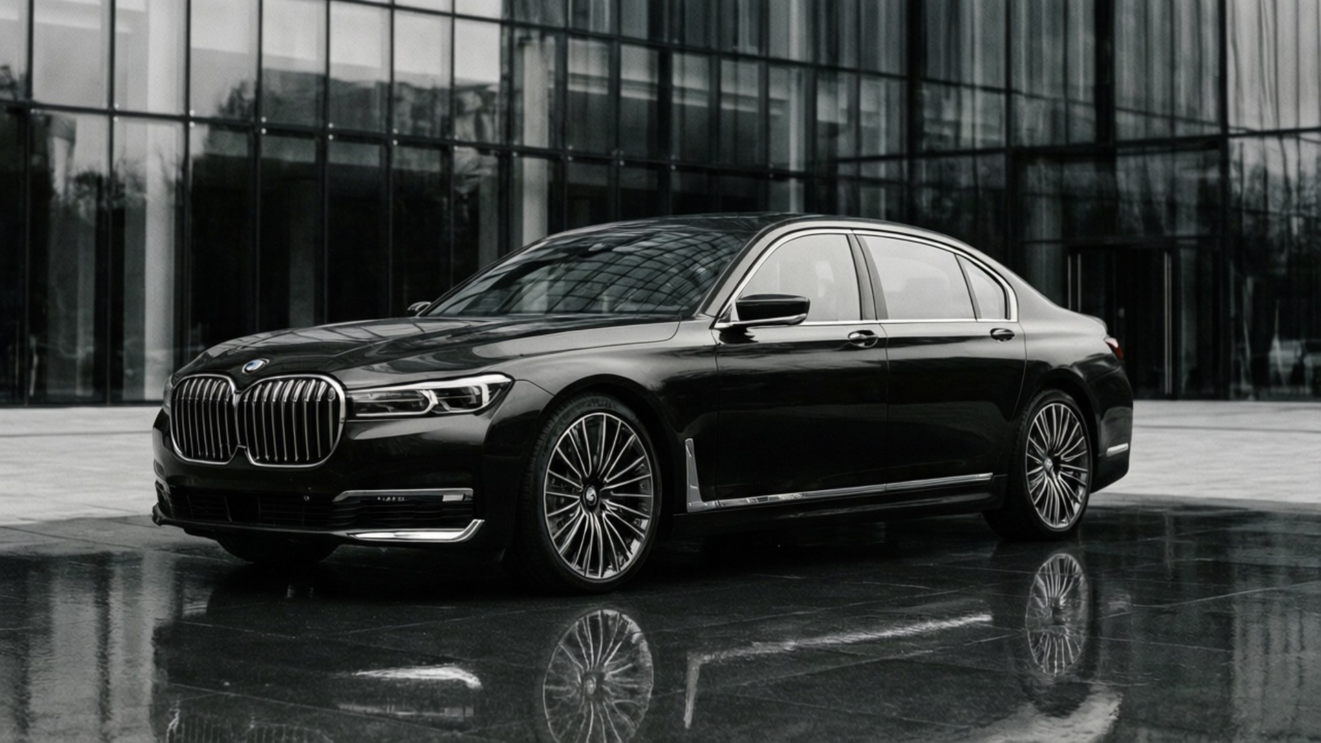 奢華倒影 壁紙 — 一輛時尚黑色BMW豪華轎車在現代玻璃建築前的濕瀝青路面上反射。