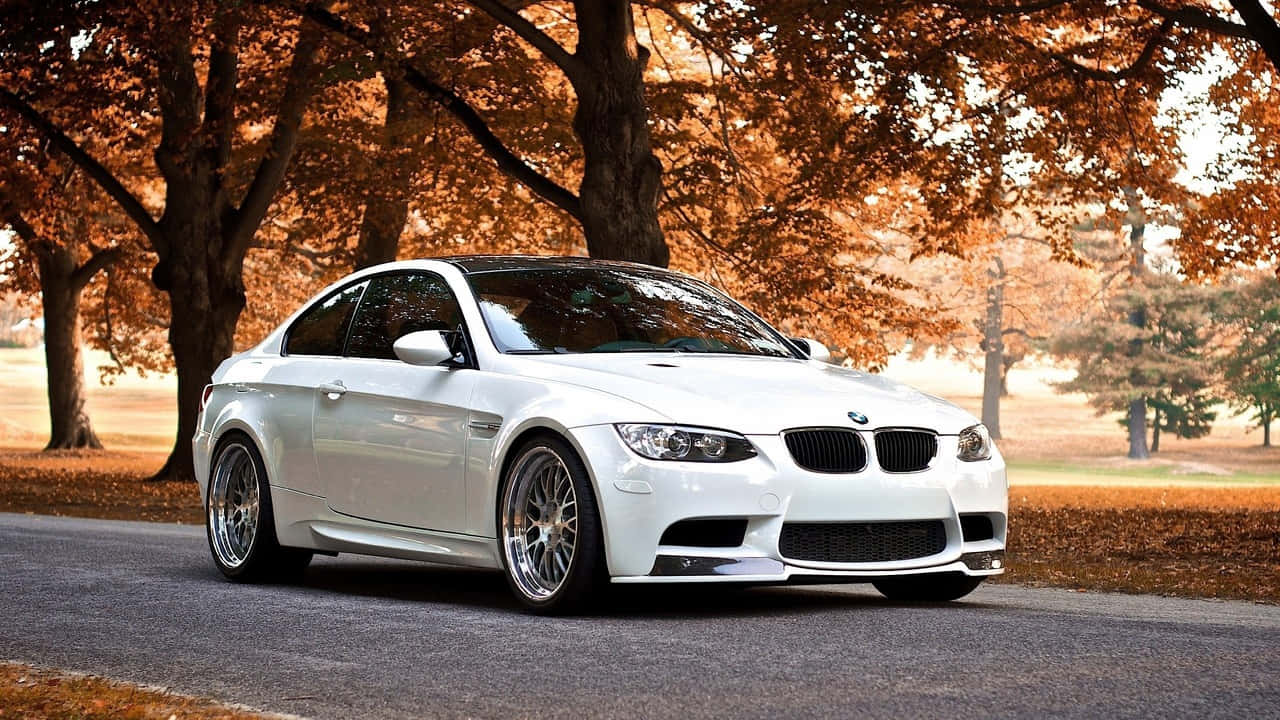 奢華力量即將啟動：這輛BMW 壁紙 — 一輛純白色的BMW M3雙門跑車在秋日陽光下閃閃發光，停在樹下，樹上掛著火紅的橙色樹葉。