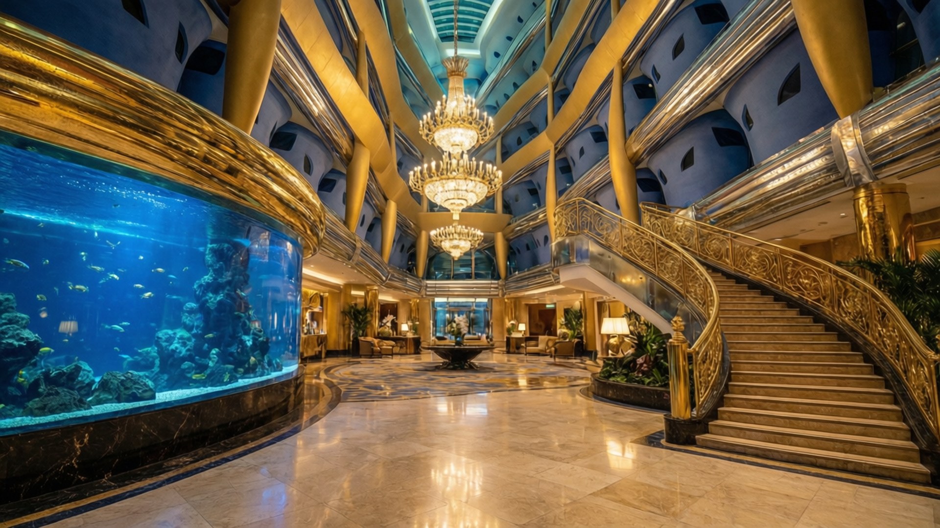 豪華酒店大堂，設有金色樓梯和大型水族箱