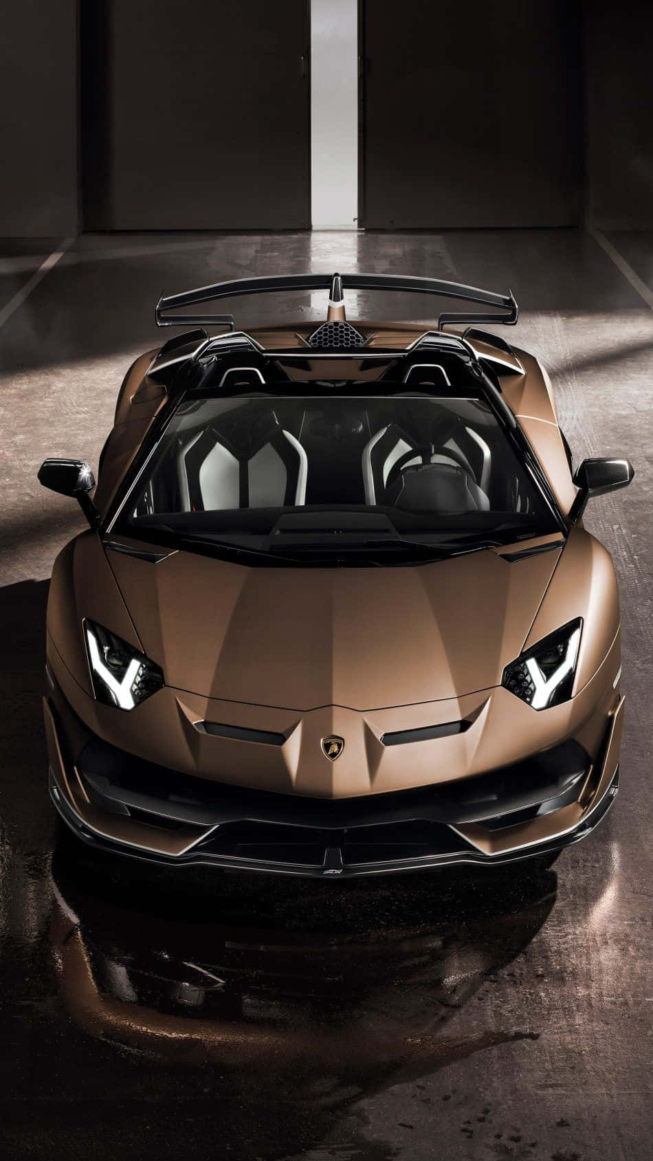 青銅色林寶堅尼Aventador Roadster停放在潮濕的地下車庫中，帶有戲劇性的燈光。