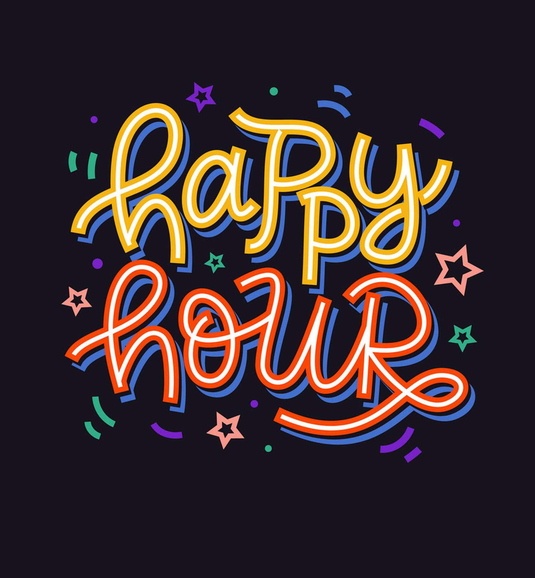 帶有彩色星星和五彩紙屑的 happy hour 慶祝圖形。