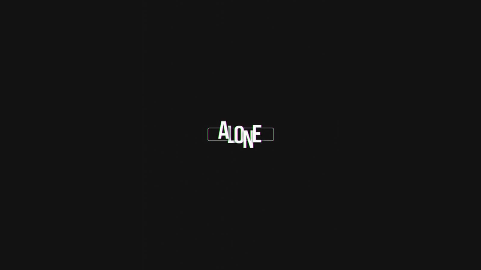 黑色背景上以白色粗體字母顯示的「ALONE」一詞。 — 1600x900 GIF 壁紙