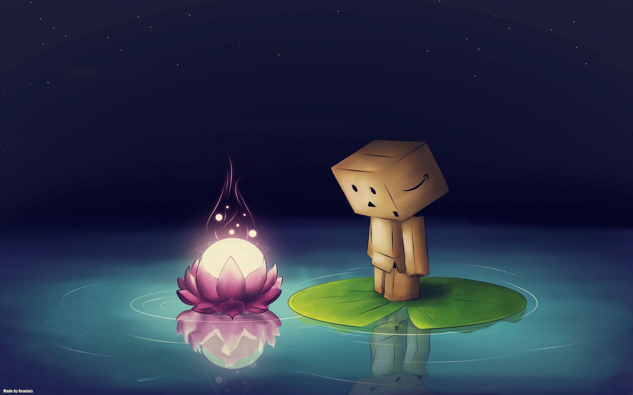 奢華現代客廳內裝 壁紙 — 一個紙盒角色站在荷葉上，凝視著在星空下平靜水面上漂浮的發光粉紅色蓮花。