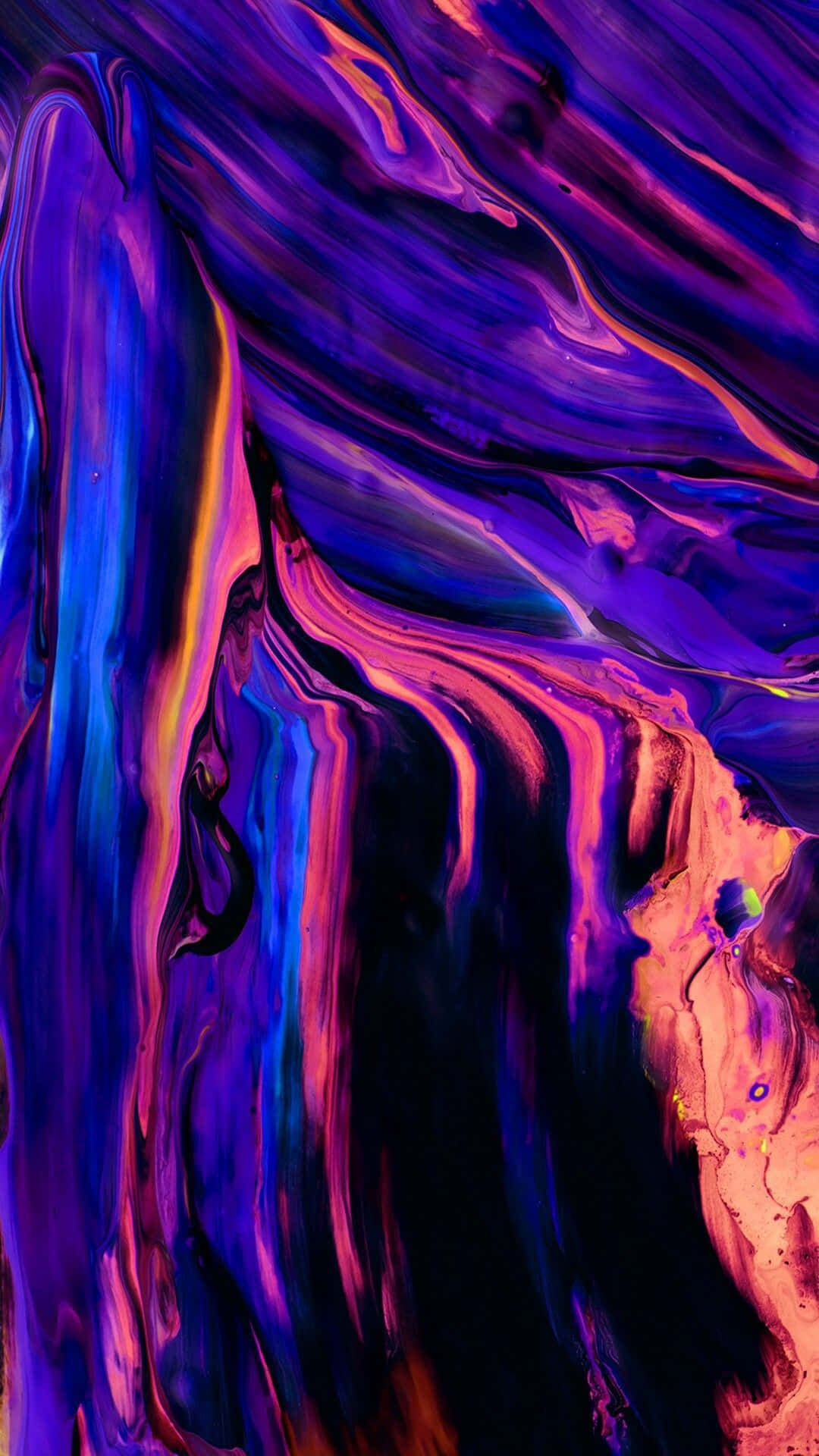 奢華白灰大理石紋理背景 壁紙 — 充滿活力的旋轉抽象藝術，深紫色、藍色和火熱的橙色營造出動態的流體運動。