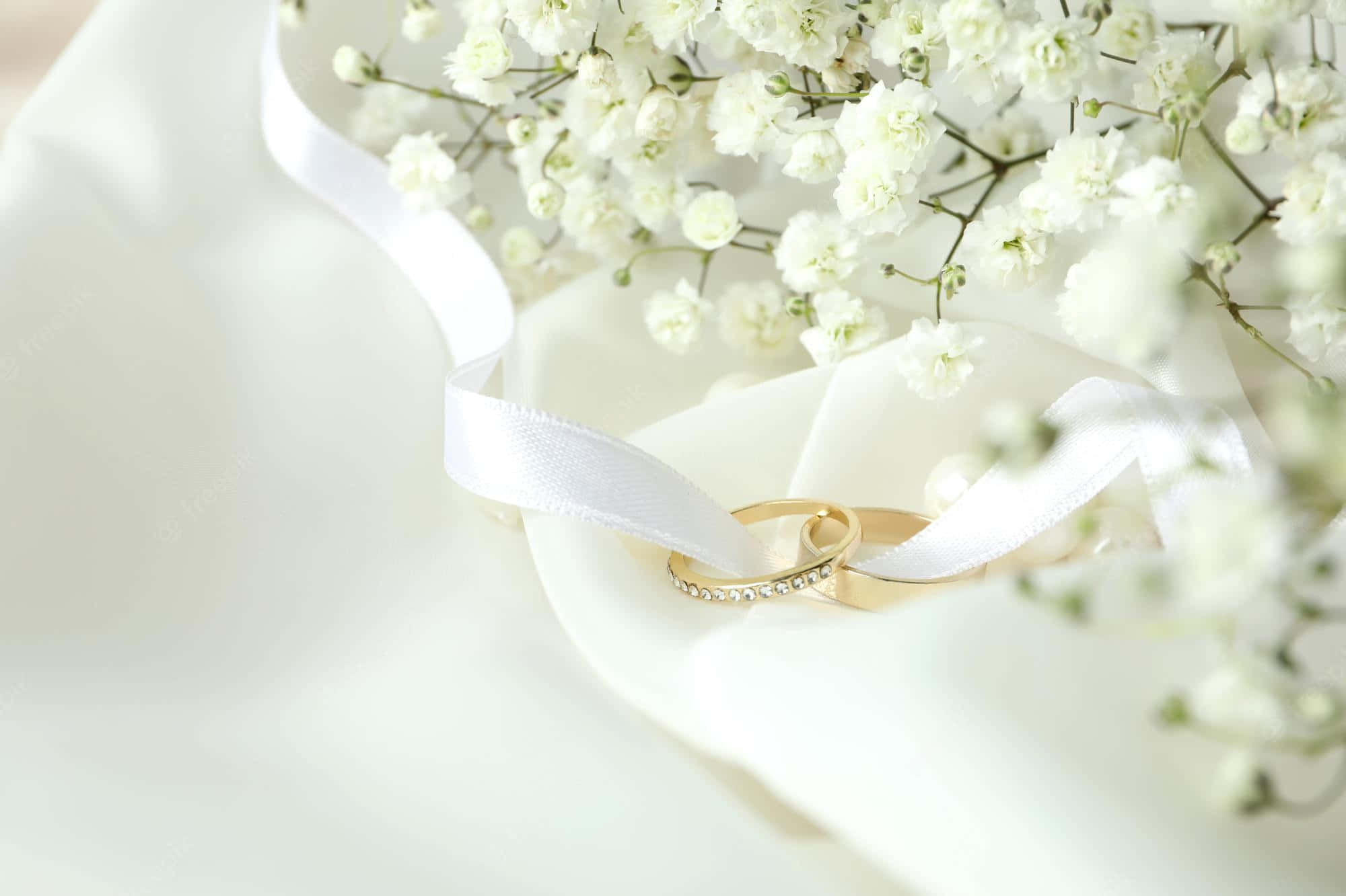 奢華白花婚禮背景 壁紙 — 兩枚鑲有鑽石的金色結婚戒指放在白色緞帶上，旁邊是精緻的滿天星花朵。