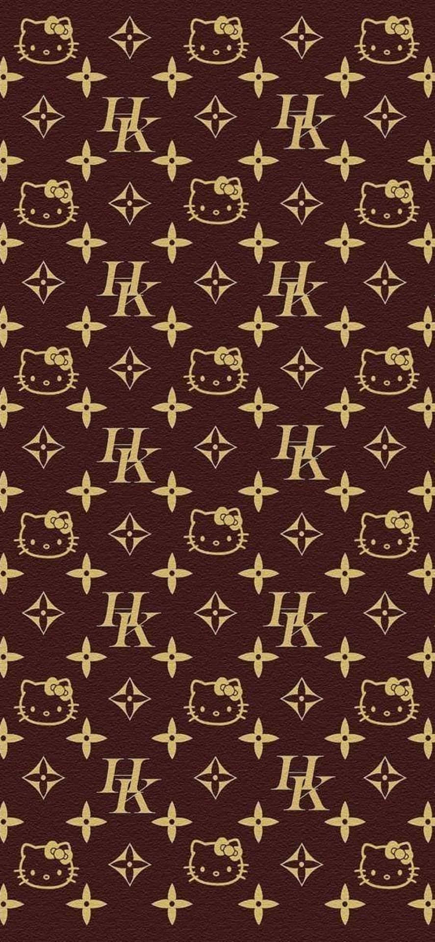 勃艮第紋理背景上的Hello Kitty和字母組合圖案。