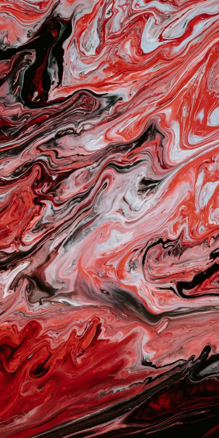 奢華紅大理石背景 壁紙 — 紅色、白色和黑色液體顏料形成的鮮豔漩渦抽象圖案，創造出動態的有機形態。