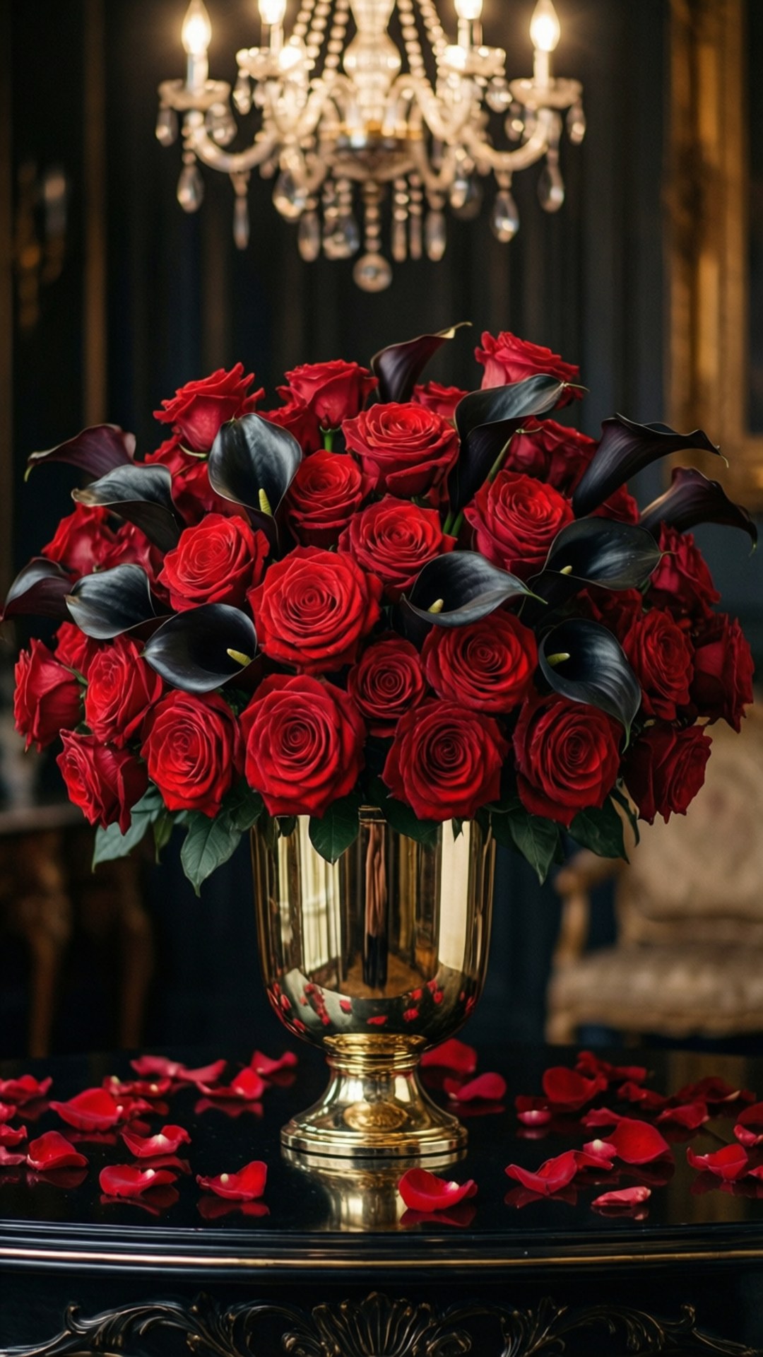 金色花瓶中的紅玫瑰和黑色馬蹄蓮，放在深色桌子上，散落著花瓣。