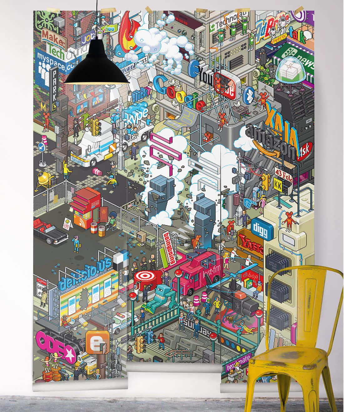 Wallpaper 展示了一個色彩繽紛的插圖城市，帶有科技公司標誌和人物。