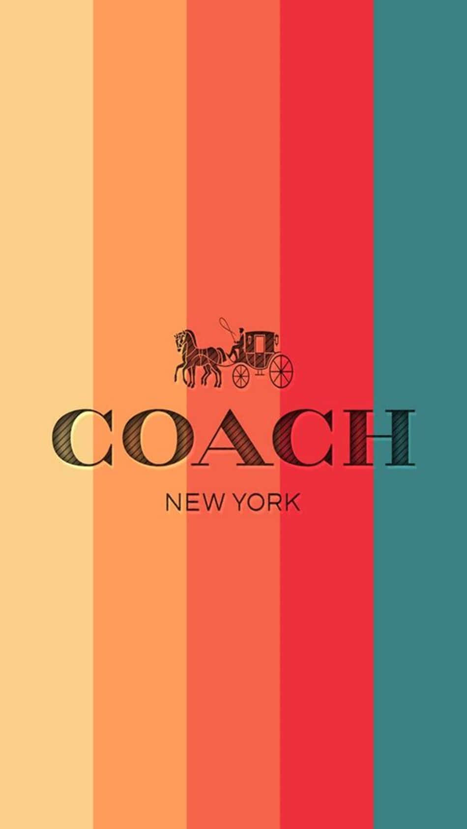 Coach New York 標誌，帶有馬和馬車，位於彩色垂直條紋上。