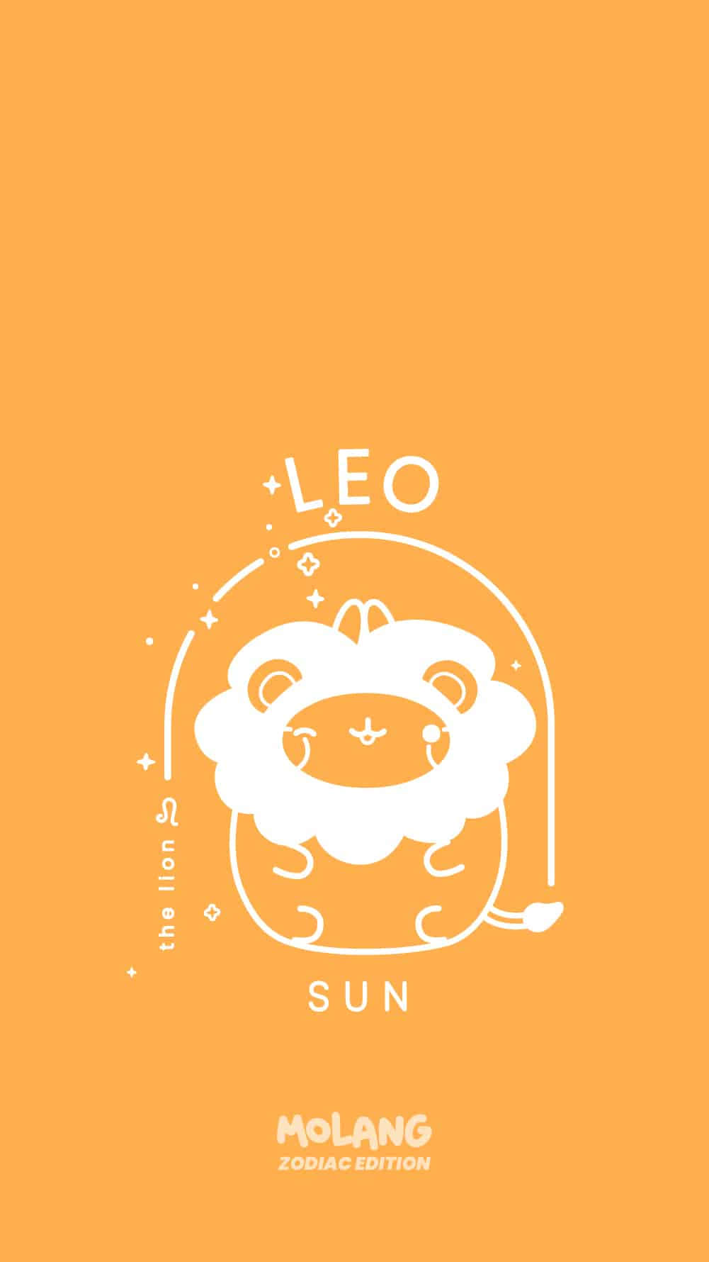 白色線條藝術獅子角色，帶有「LEO」和「SUN」文字，背景為橙色。