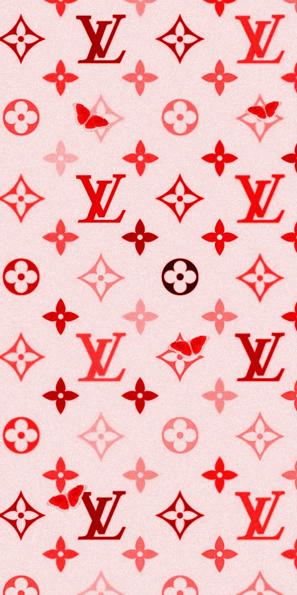 粉紅色背景上的紅色 Louis Vuitton 標誌和花卉圖案。