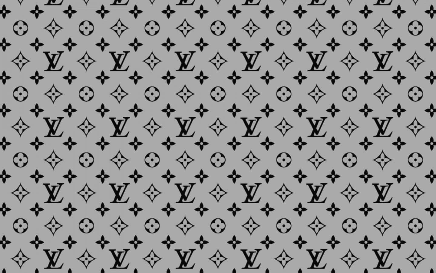 灰色背景，帶有重複的黑色 Louis Vuitton 標誌和花卉符號。