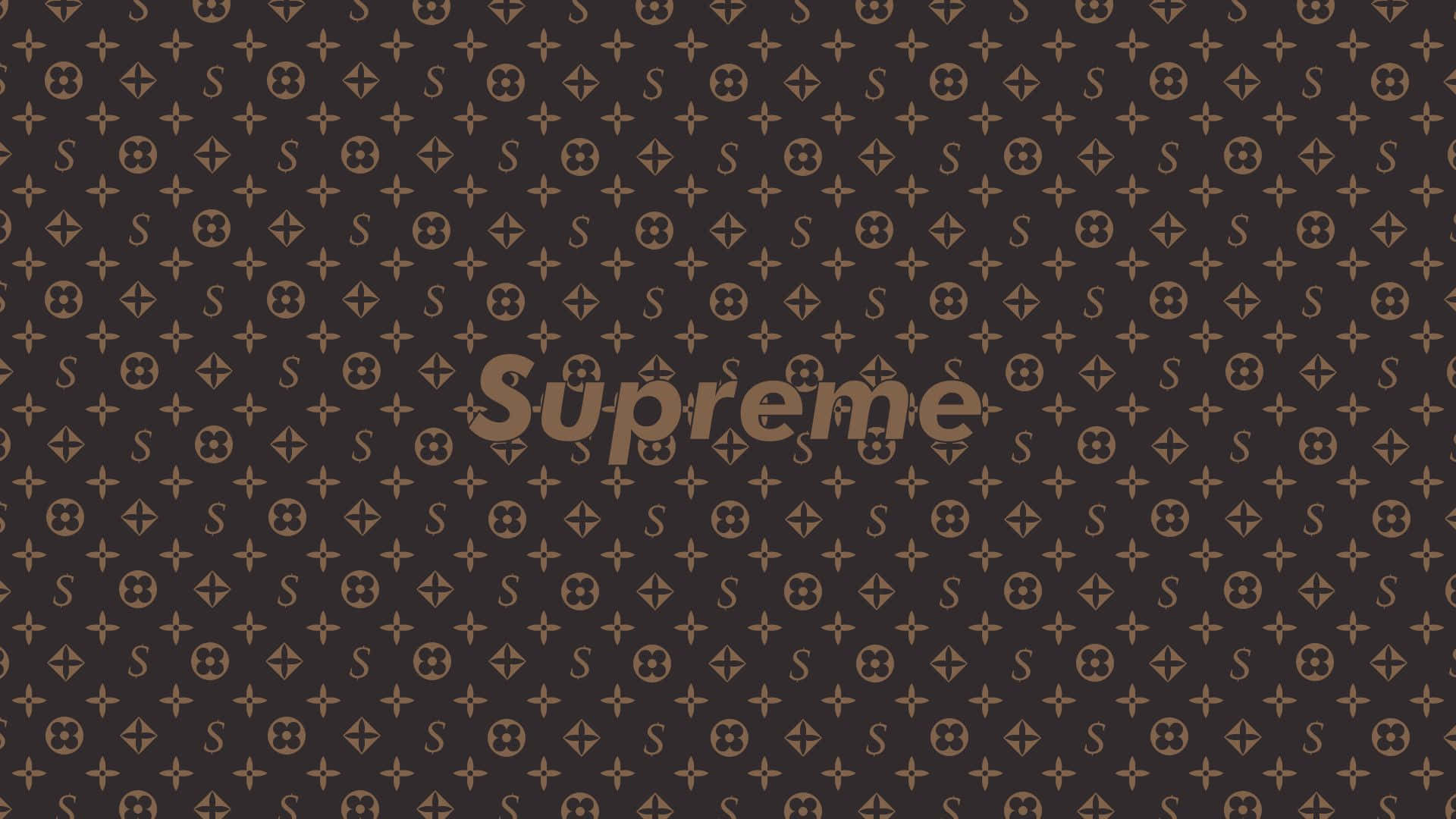Supreme 標誌置於 Louis Vuitton 字母圖案背景上。